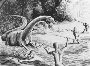 Eine weitere Szene, in der Pygmäen vom Volk der Baka gegen Mokele-Mbembe kämpfen. | © http://paranormalifefrance.files.wordpress.com/2013/10/mokele_mbembe.jpg 